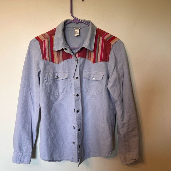 FOREVER 21 Denim Snap Front Shirt Southwest Trim S - Picture 1 of 4